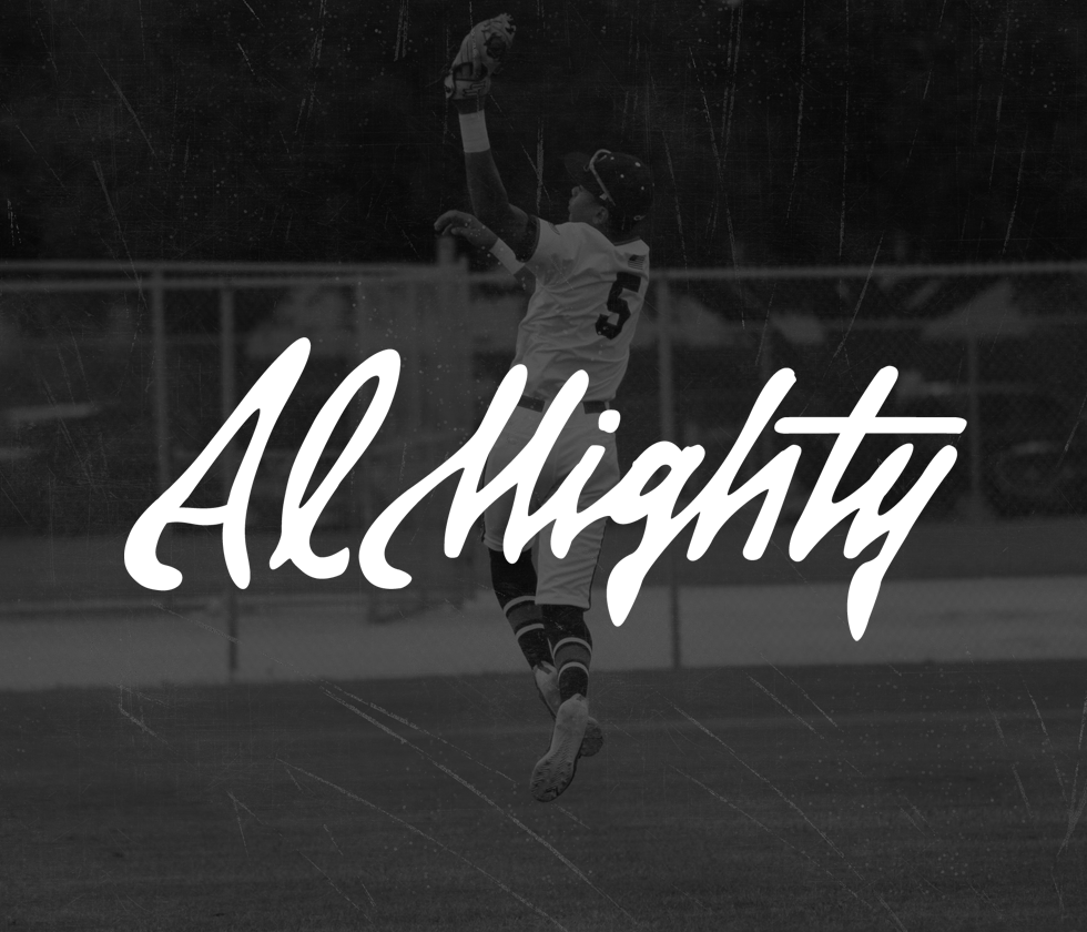 Black and white image of a Noah Harris jumping to catch a ball with 'Almighty' written in large white script across the center.
