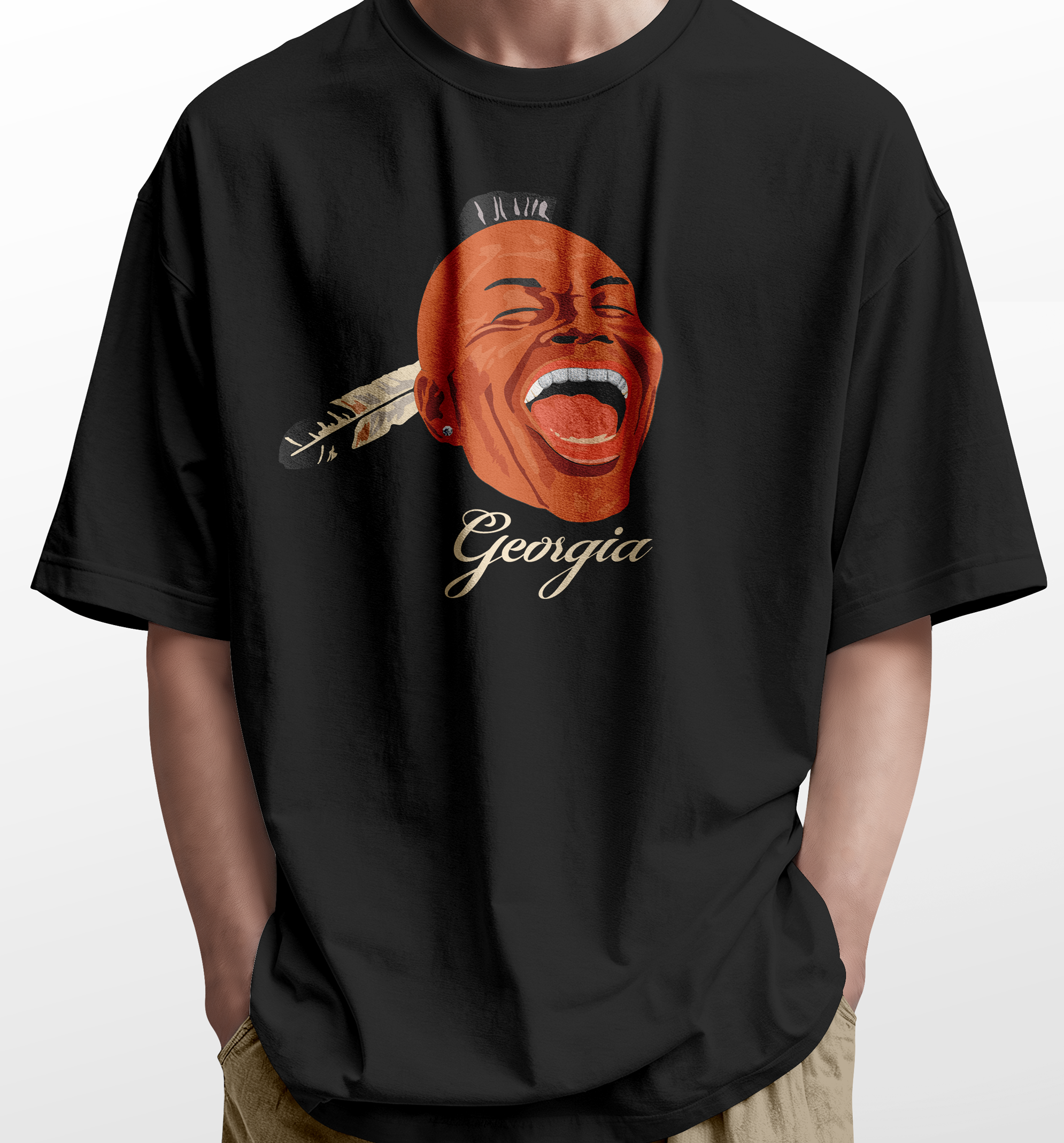Black t-shirt with a graphic of a laughing person's face and the word "Georgia" written below.