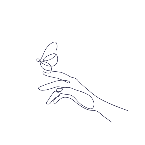 A minimalist line drawing of a hand with a butterfly resting on the index finger.