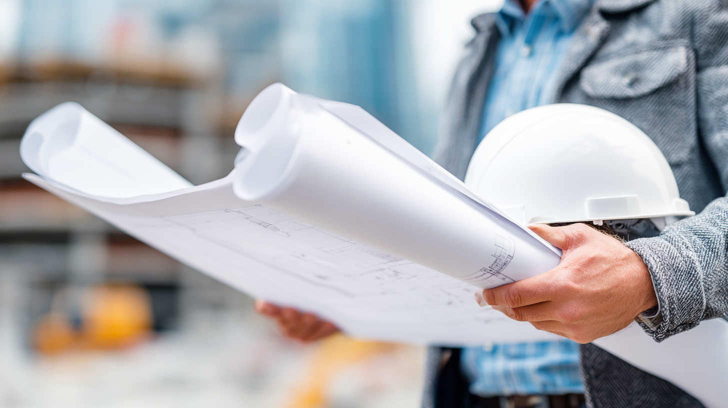 A person holding a set of rolled blueprints and a white construction helmet, wearing a gray jacket at a construction site.