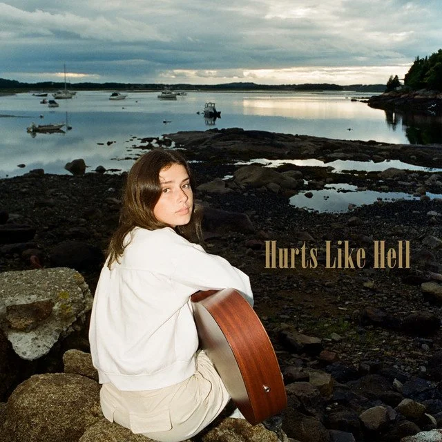 A young woman sitting on rocks by a calm body of water with boats and trees in the background, holding a guitar, with the text 'Hurts Like Hell' overlaid on the image.