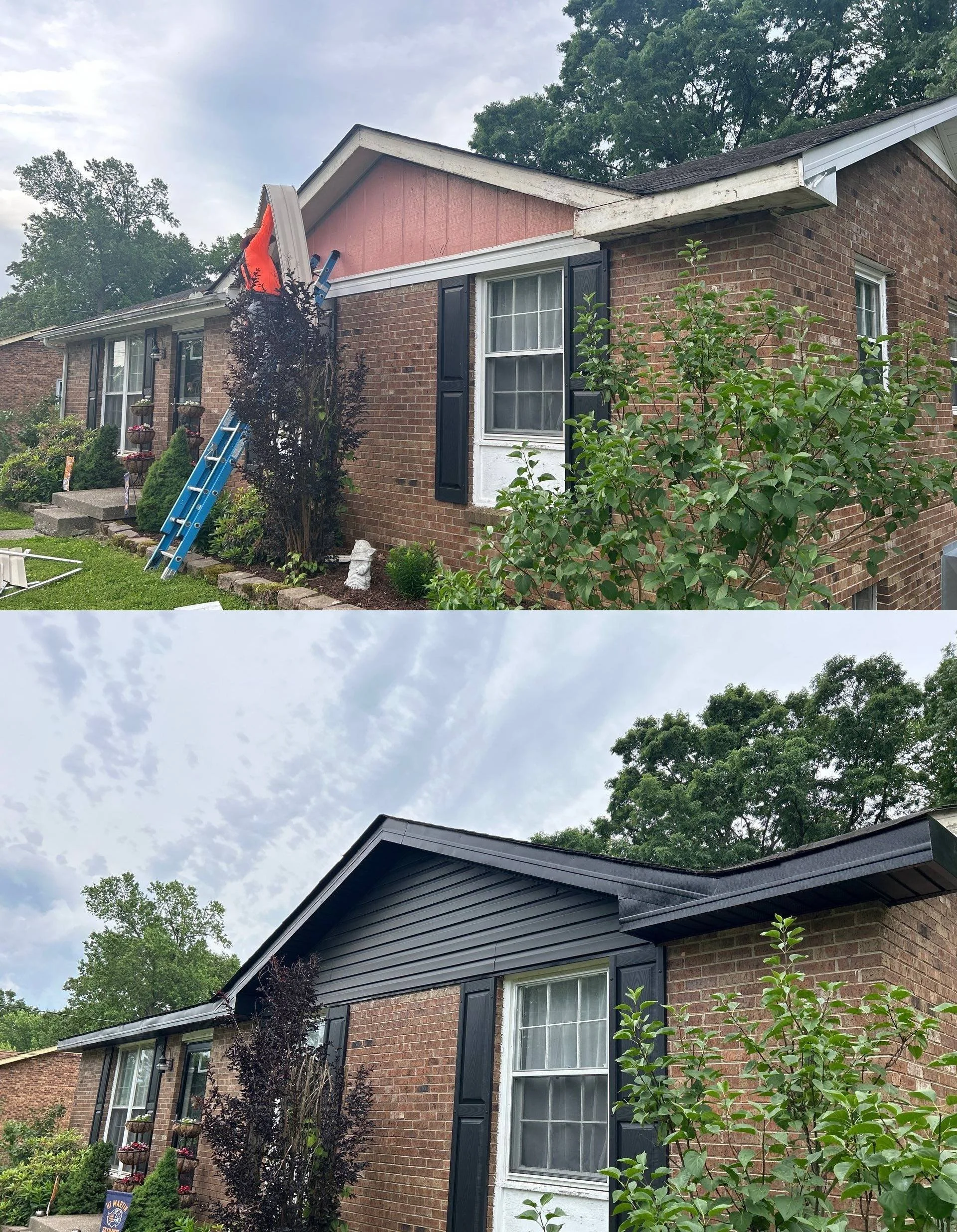 Before and after soffit, fascia and exterior trim replacement by Lil Fellers in Clarksville TN