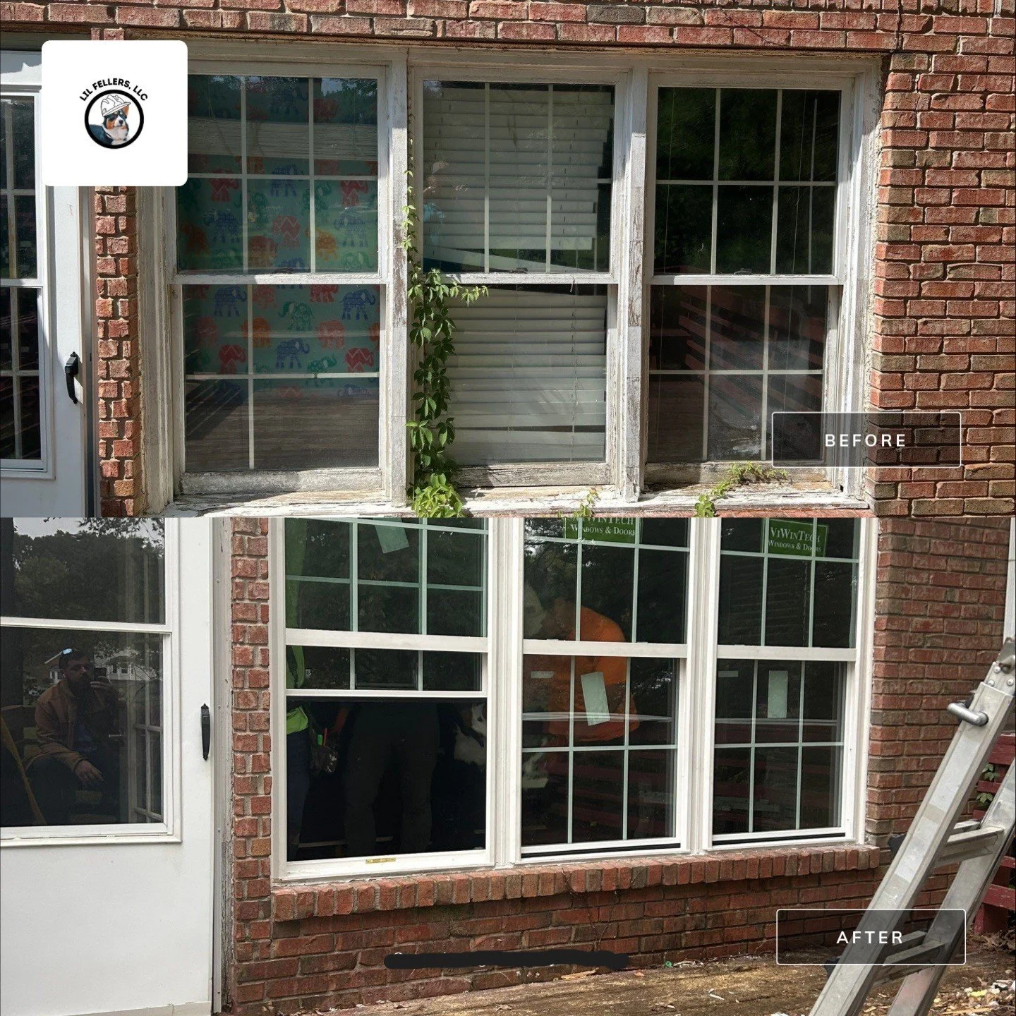 Before and after window replacement showing new energy efficient white vinyl windows installed by Lil Fellers LLC in Clarksville, TN.