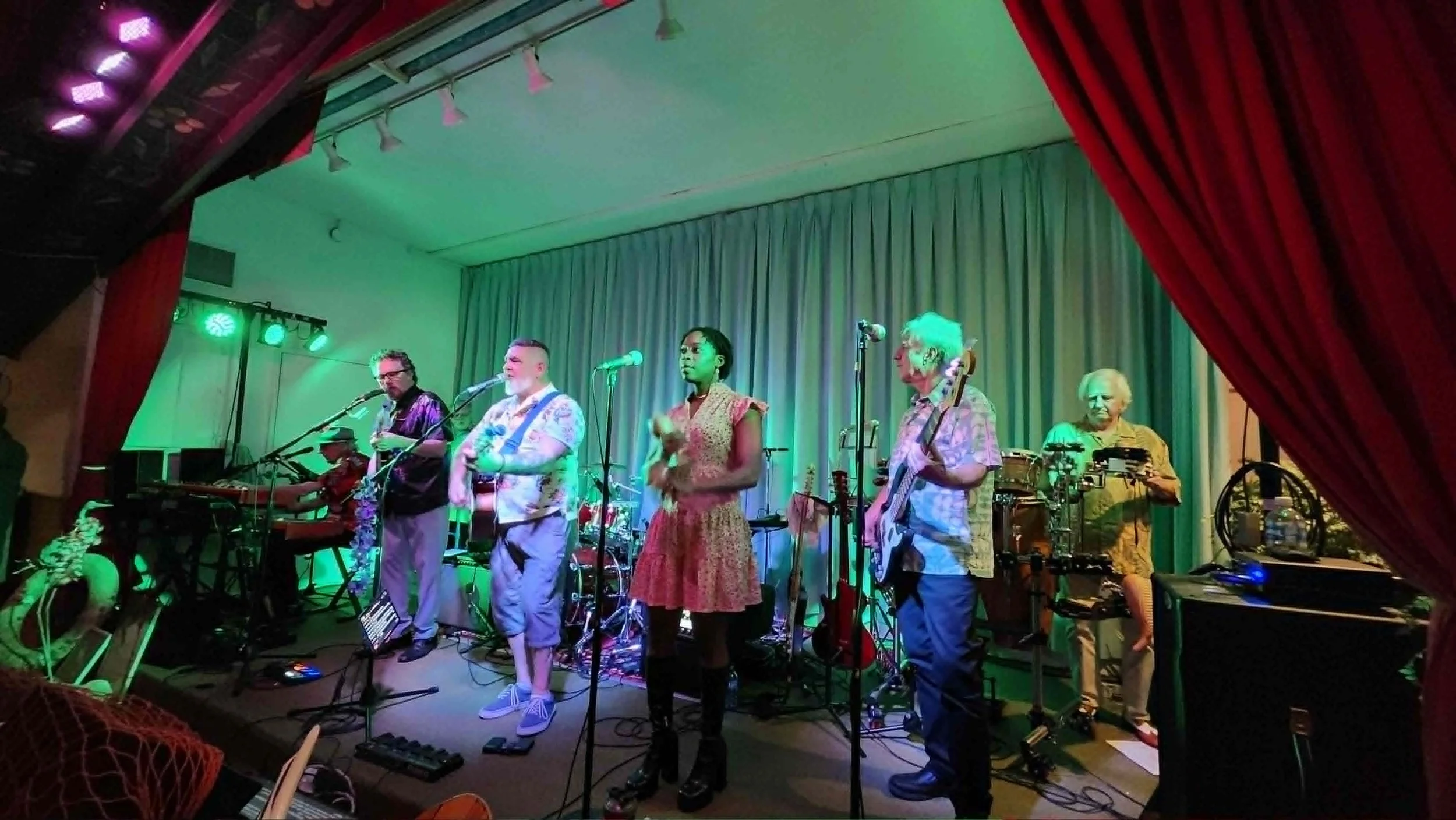 6 members of the Volcano Band on stage performing for the Margaritaville Party at the Austria Club