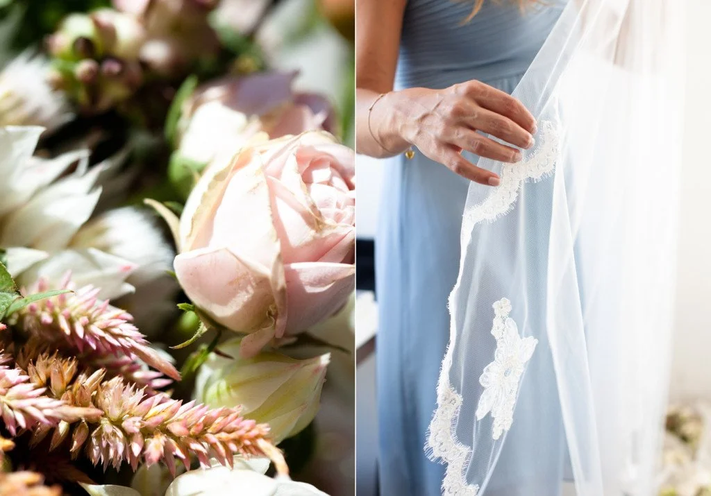 A collage of two images: the left side shows a close-up of a pastel pink and cream flower bouquet, and the right side shows a woman in a blue dress lifting a lace-edged white veil or fabric.