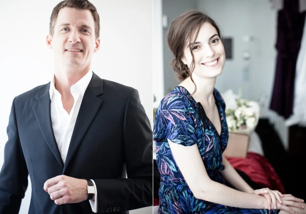A split image of a man in a black suit and white shirt on the left, and a woman in a floral dress sitting indoors on the right, both smiling.
