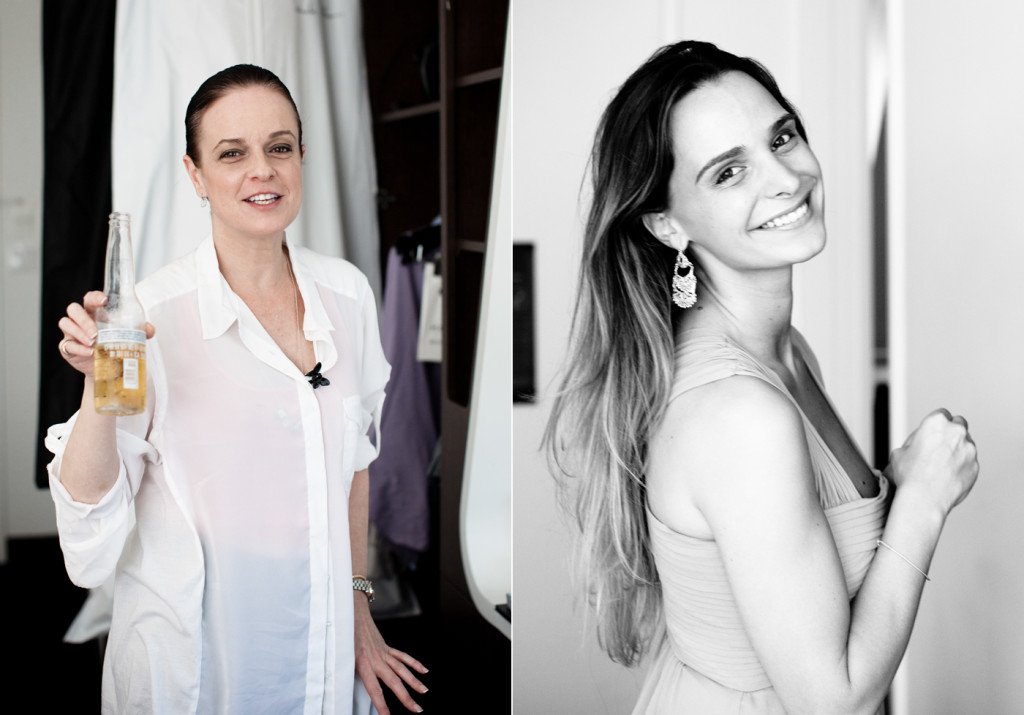 Side-by-side photos of two women, one holding a beer bottle in a casual setting, the other smiling in a formal dress.