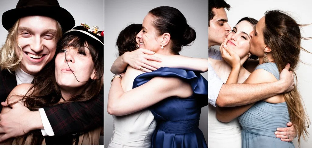 Three groups of people embracing and showing affection, two men and women in different settings.