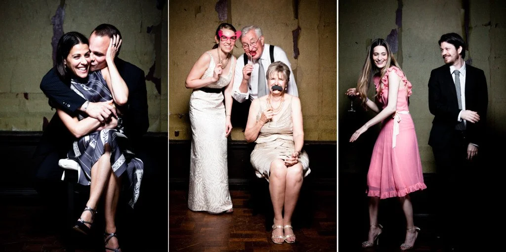 Group of people at a celebration or party: three pairs in separate sections, smiling and interacting, some with props like fake mustaches and glasses.