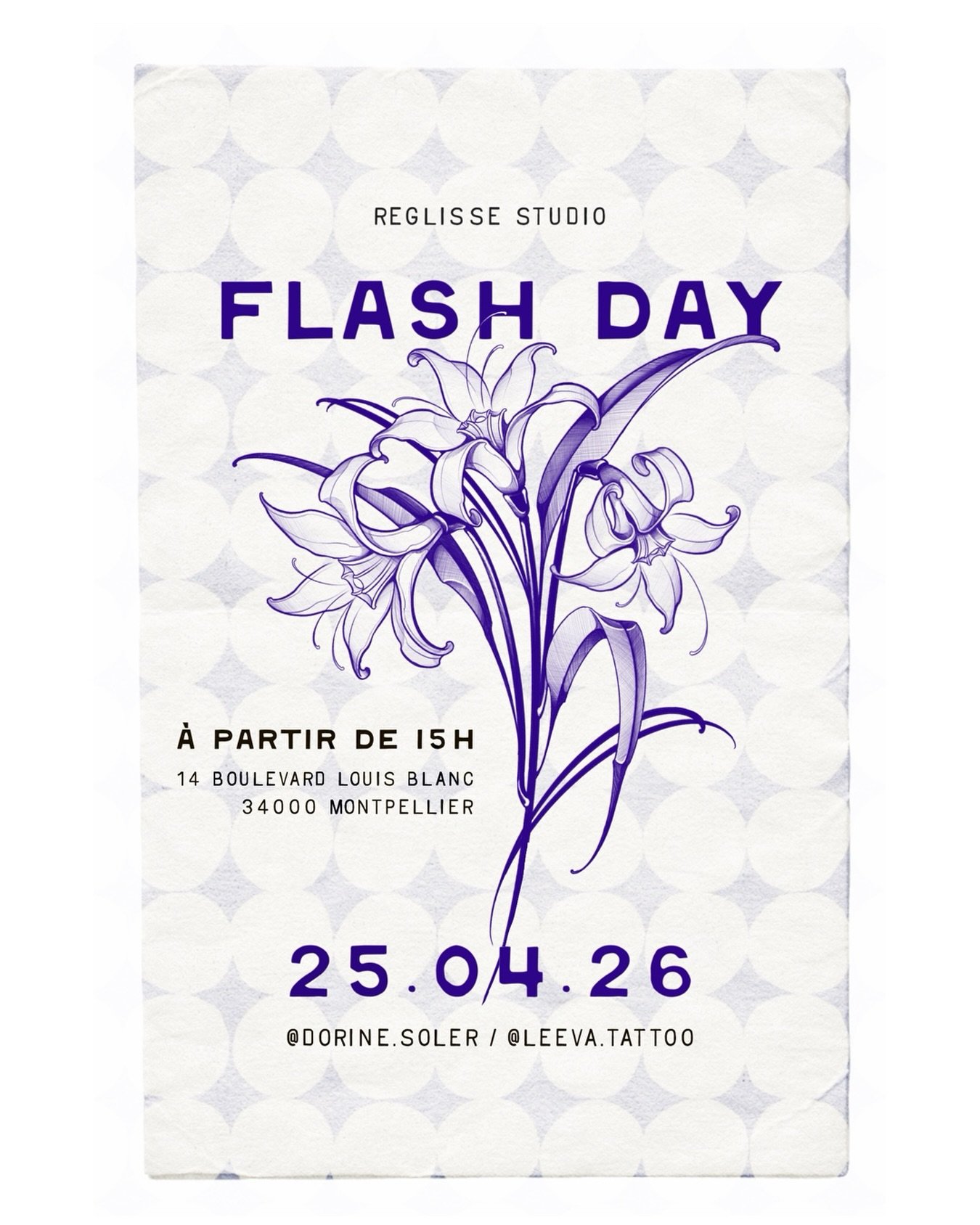 [ Flash Day - &Eacute;dition Printemps ❋ ] Un petit tattoo pour f&ecirc;ter la nouvelle saison !

✦ samedi 25 avril | d&egrave;s 15h ✦ &rarr; Sans rendez-vous Premier arriv&eacute;, premier tatou&eacute;

R&eacute;glisse Studio 14 boulevard Louis Bla