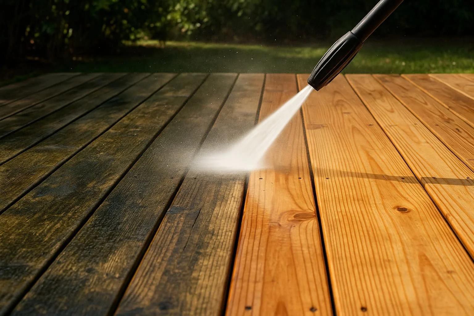 Pressure washing a wood deck and patio surface to remove algae, dirt, and discoloration