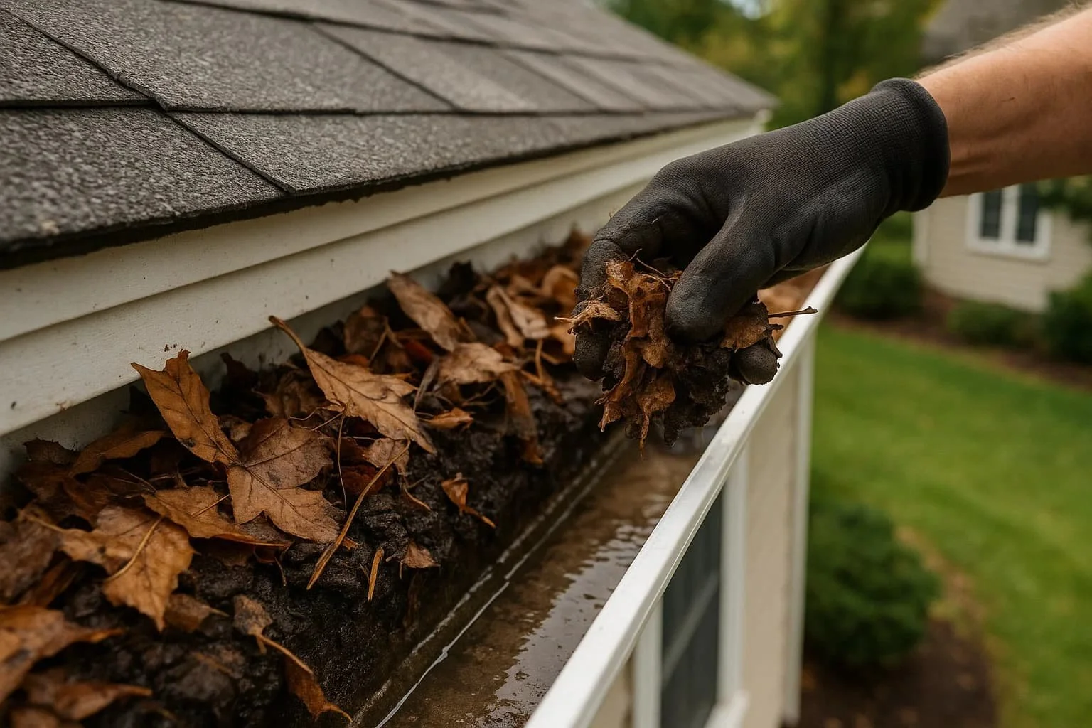 Cleaning gutters and unclogging downspouts on a residential home in Fairfield County CT.
