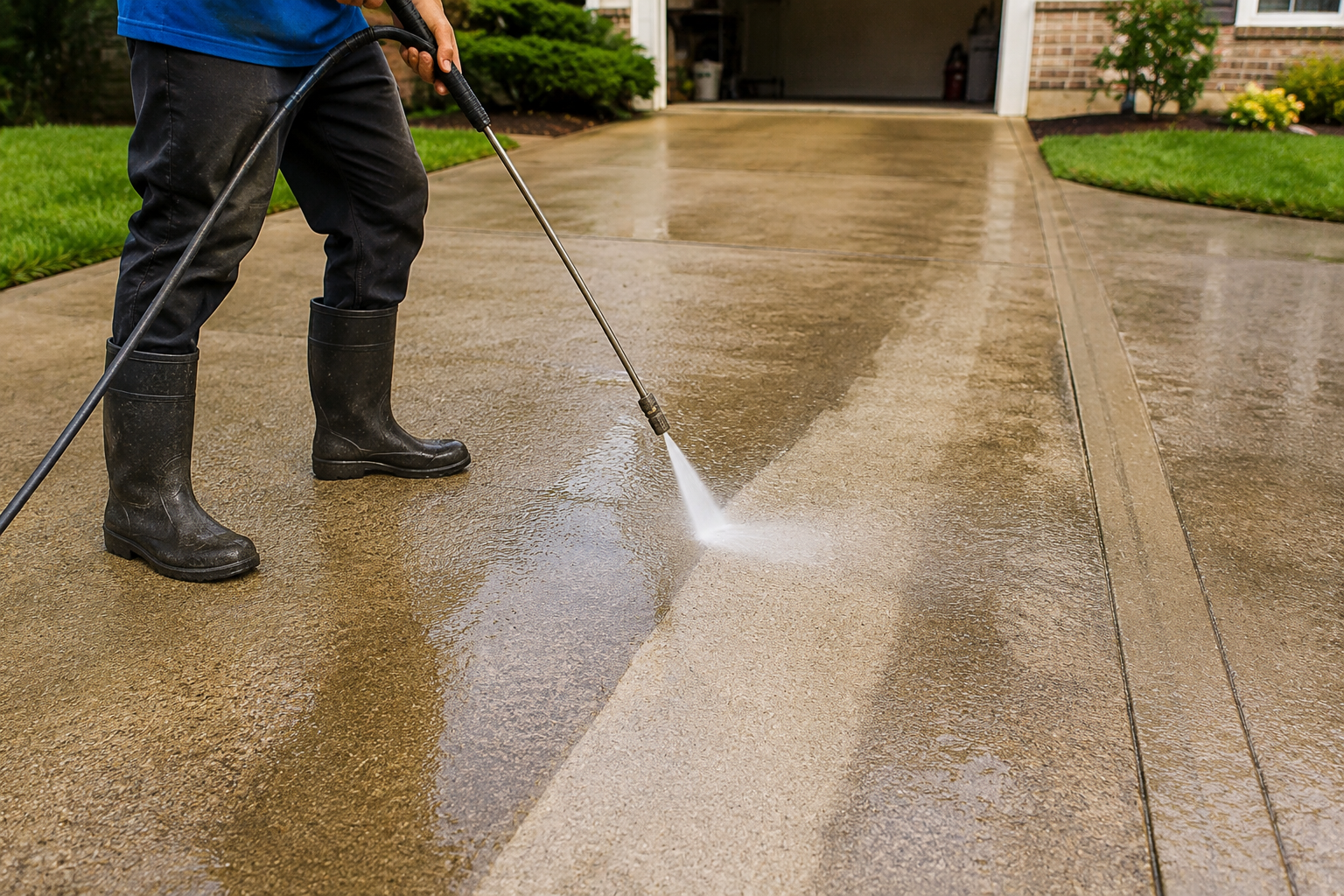 concrete driveway cleaned with professional power washing, showing removal of dirt, stains, and algae.
