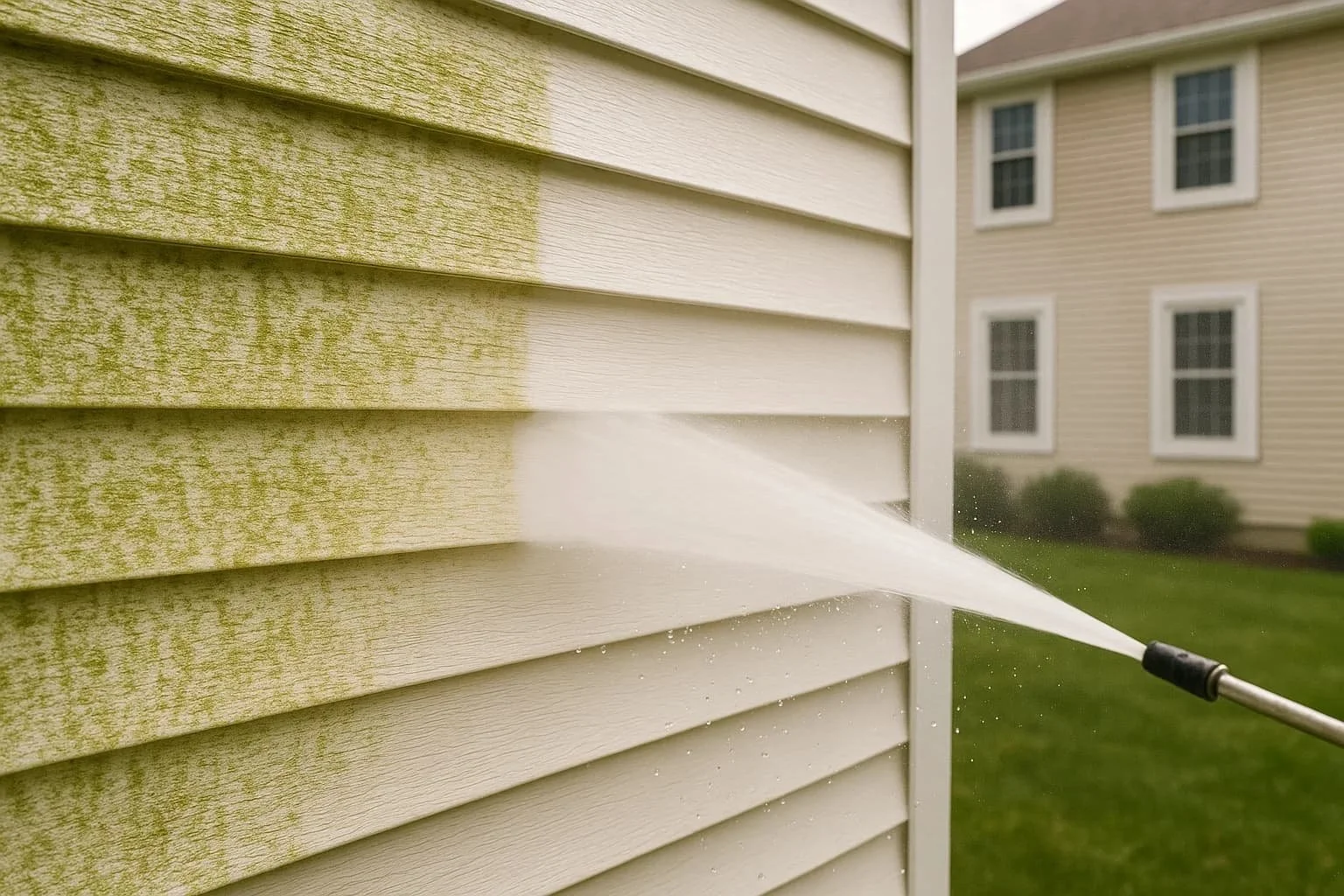 Pressure washing the exterior siding of a house, cleaning green mold from beige vinyl siding.