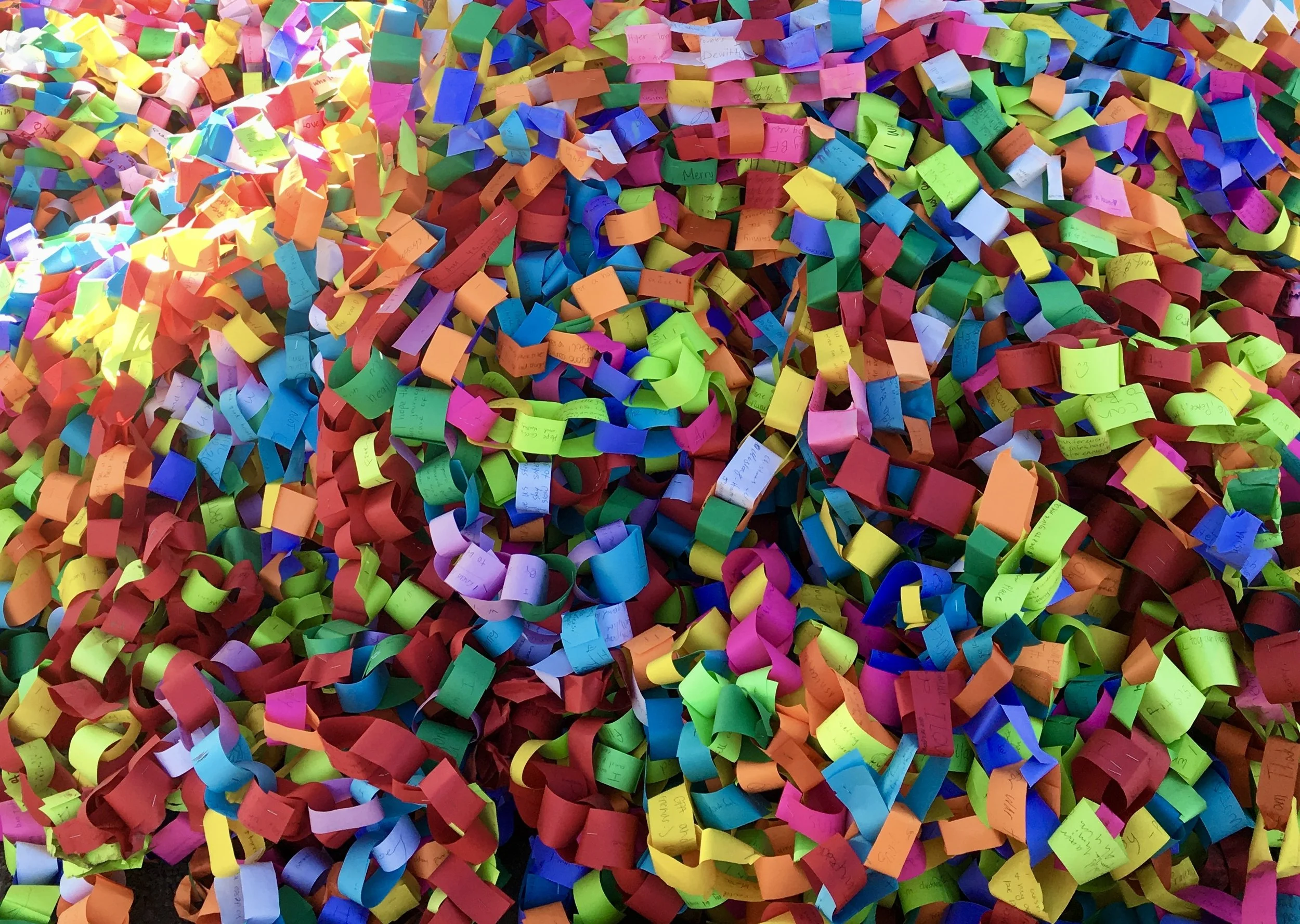 A tree with thousands of colorful paper strips, tied into loops containing handwritten wishes.