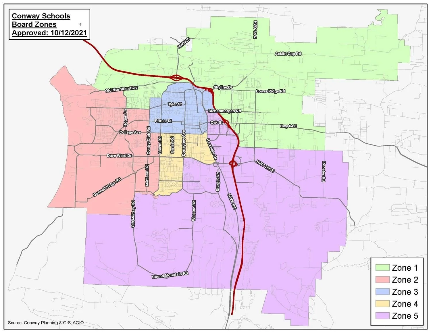 Color coded map of Conway Schools Board Zones Approved 10/12/2021