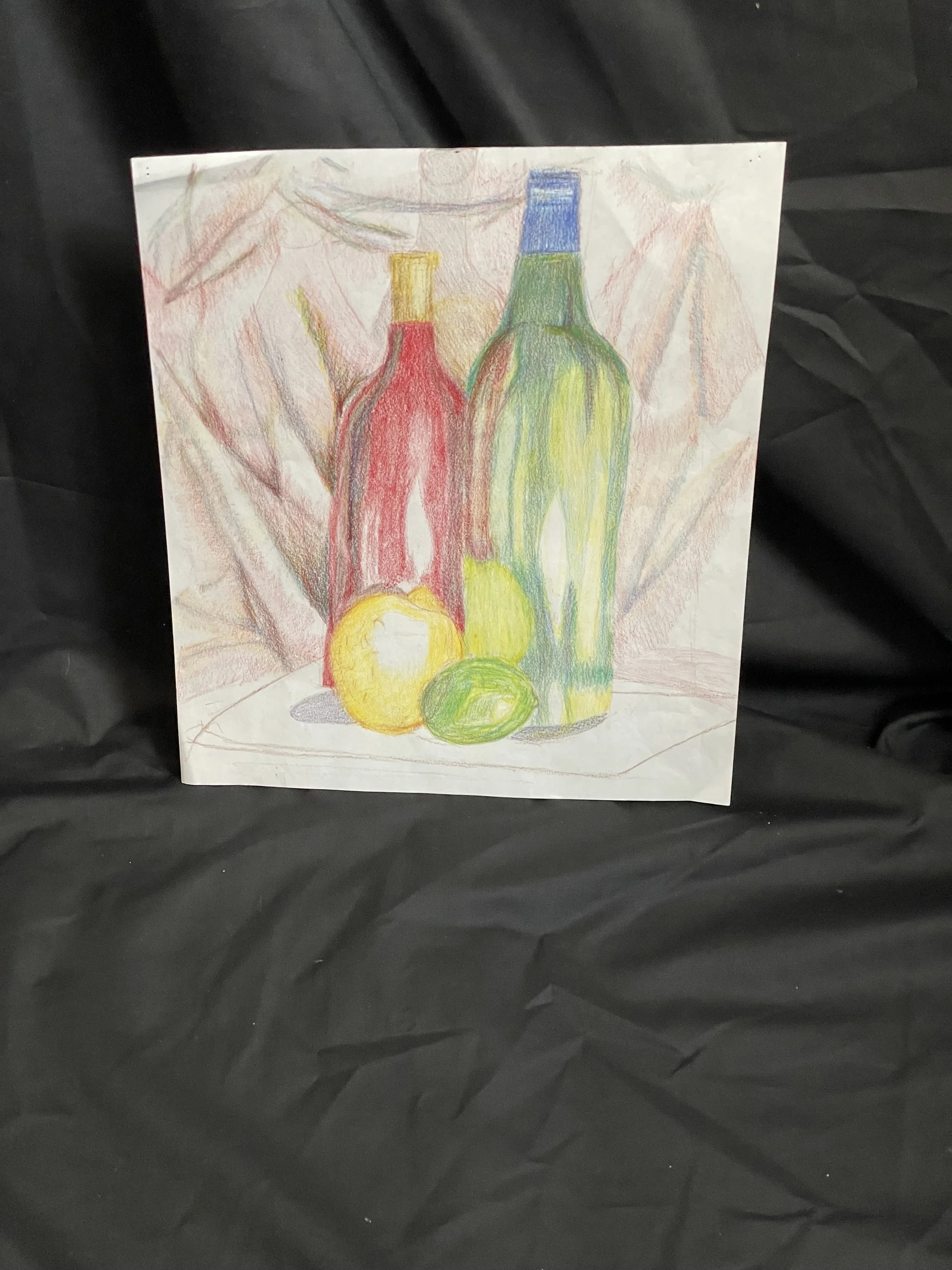Still-life Wine bottles and fruit, colored pencil, 11x13" 2022