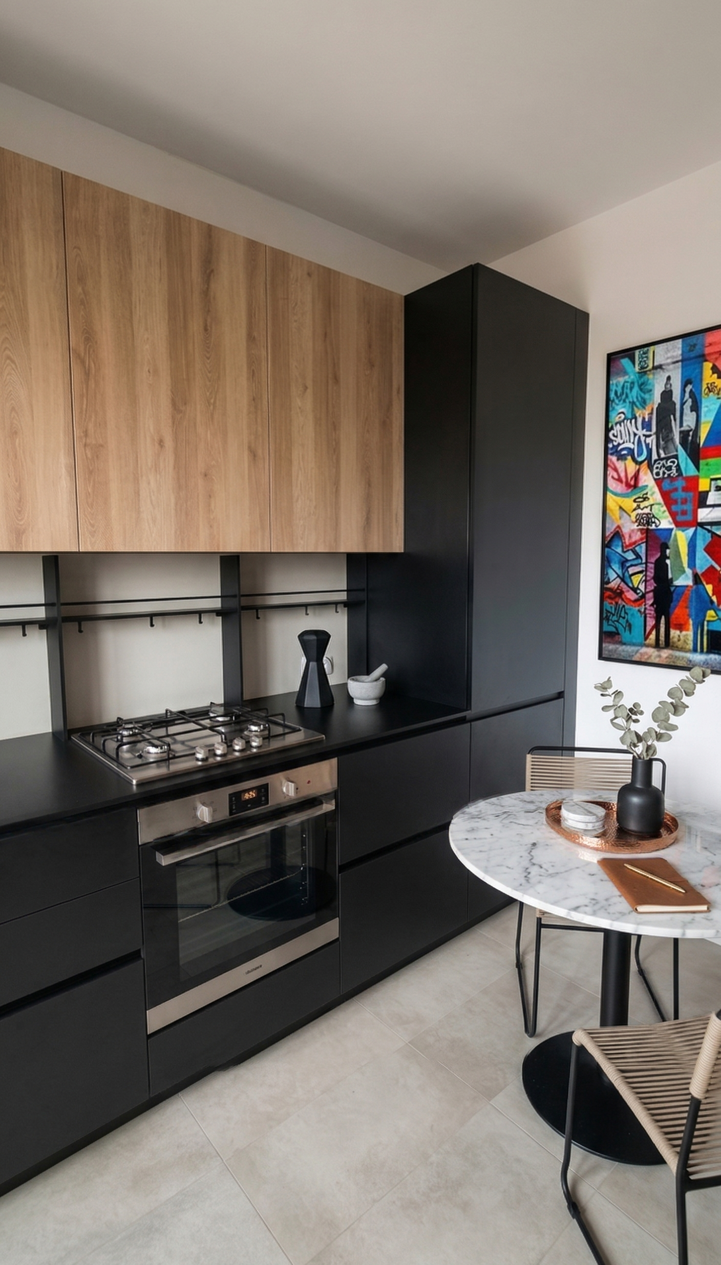 Cucina moderna con armadi neri e superiori in legno, piano di lavoro nero, forno integrato, tavolo rotondo in marmo con vassoio in vimini, vassoio nero con vaso di rami di eucalipto, quadro astratto colorato sulla parete.