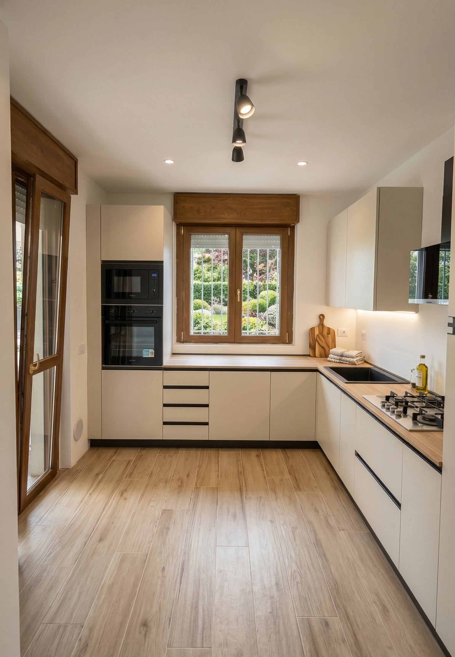 Cucina moderna con piano in legno chiaro, armadietti bianco, finestra con vista giardino, e piani di cottura a gas.