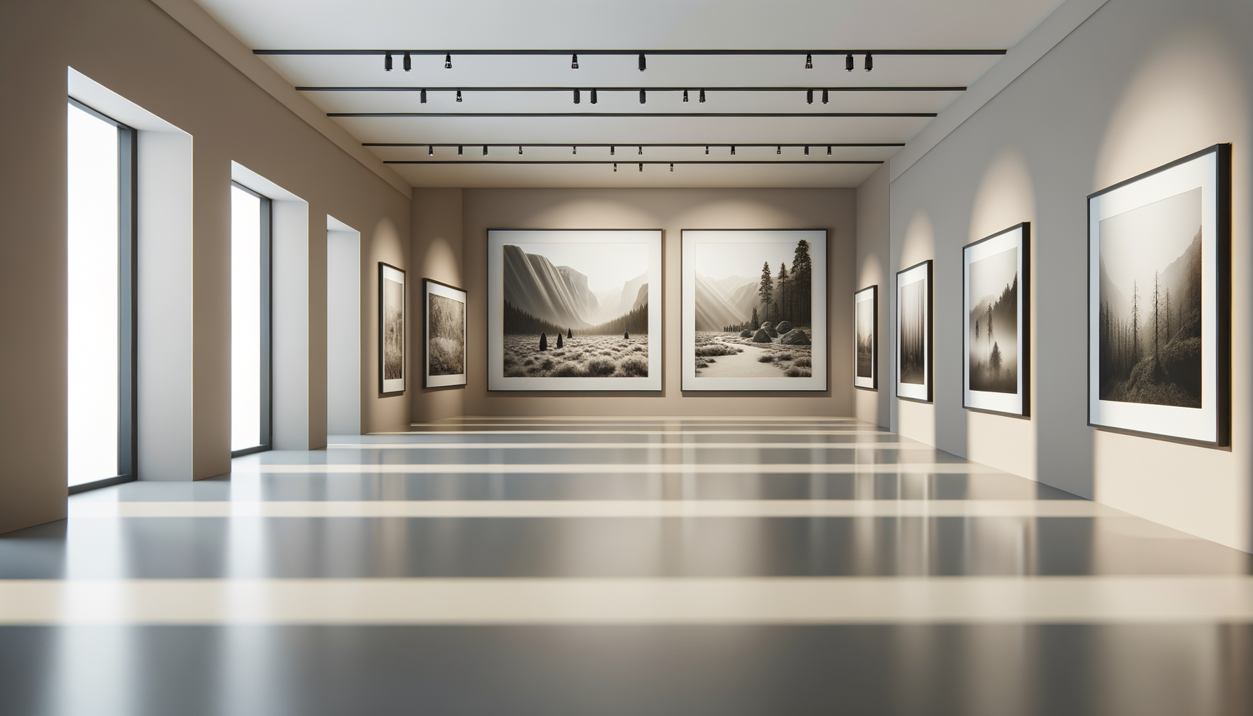 Sala di esposizione con fotografie di paesaggi montani in bianco e nero.