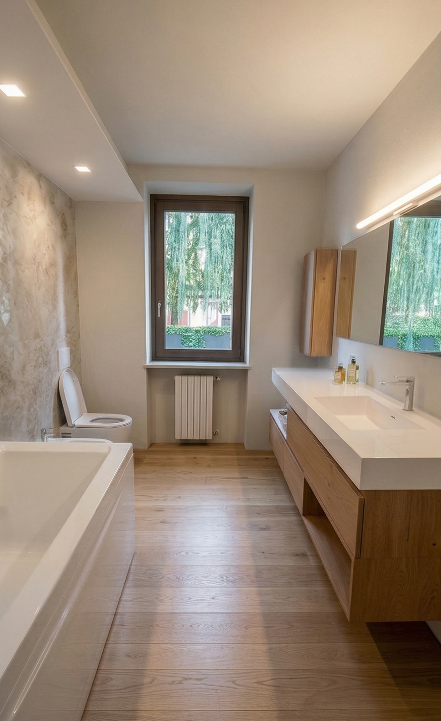Bagno moderno con parete in pietra, lavabo in legno con specchio e illuminazione, finestra con vista su alberi e giardino, vaso sanitari e vasca da bagno