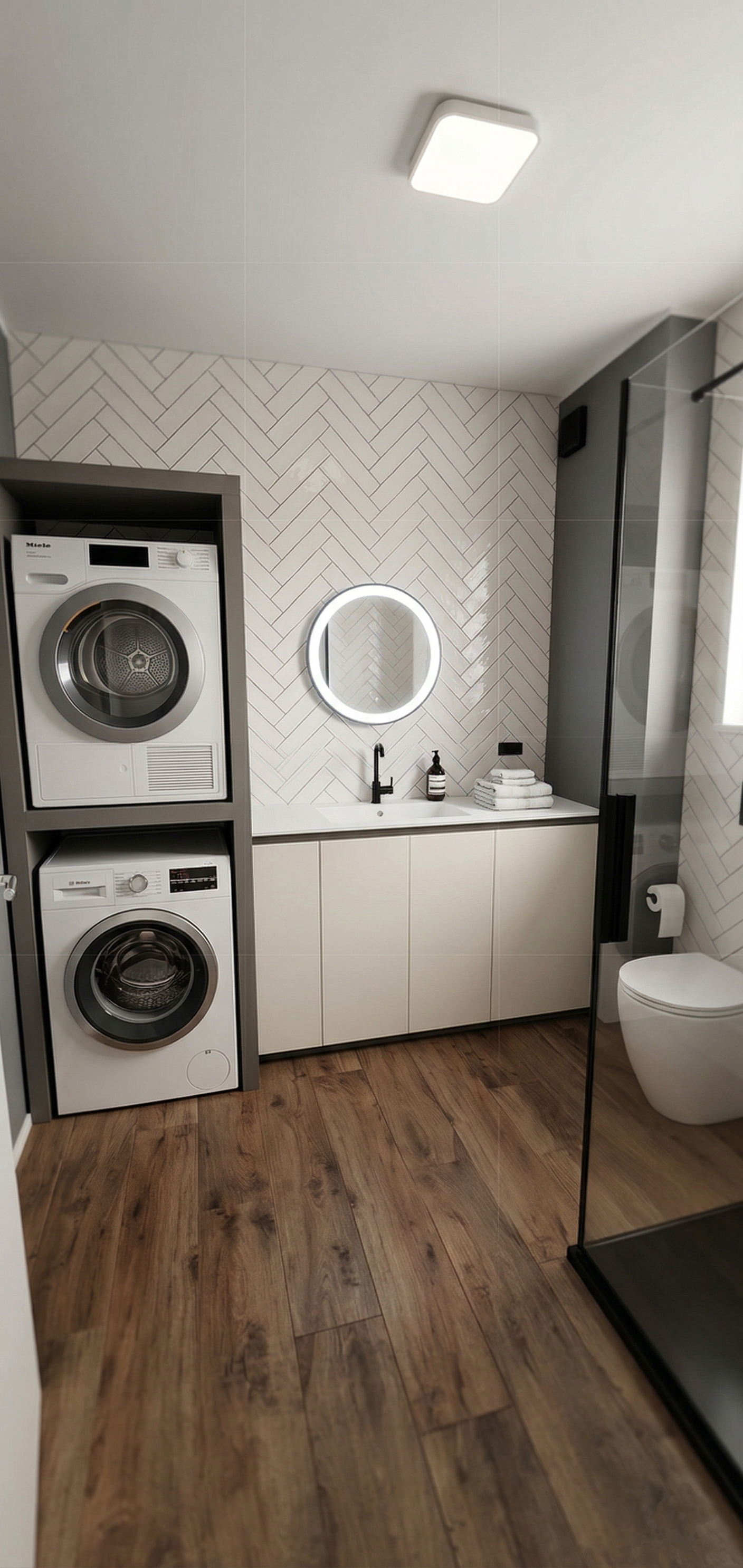 Bagno con lavatrice e asciugatrice, lavabo con specchio con luce circolare, armadietti bianchi, pareti con piastrelle a spina di pesce, pavimento in legno, disegno di un gabinetto e cabina doccia.