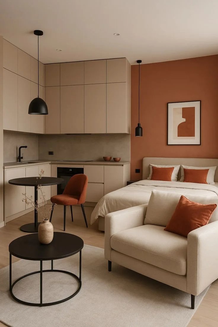 Interno di un appartamento con angolo cottura, letto, divano e arredamento minimalista in toni neutri e terra.