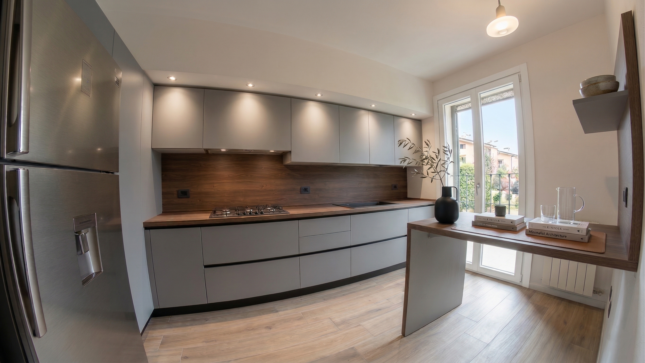 Cucina moderna minimalista con pareti bianche, ante grigie e piano di lavoro in legno, finestra che dà sulla strada con edifici residenziali, decorazioni di vasi e libri sul tavolo in legno.