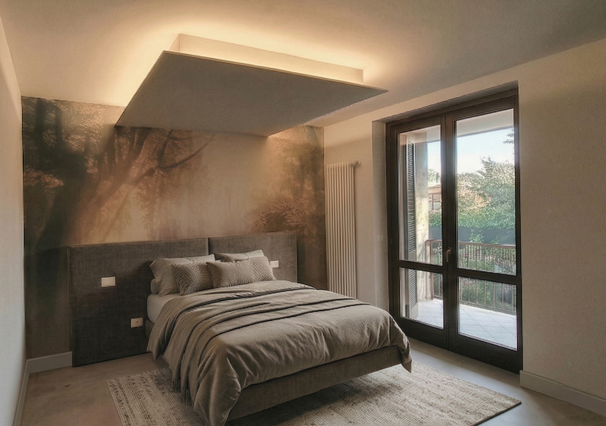 Camera matrimoniale con letto color beige, riscaldamento a radiatore e grande finestra con porta che apre su un balcone, vista sul giardino e natura.