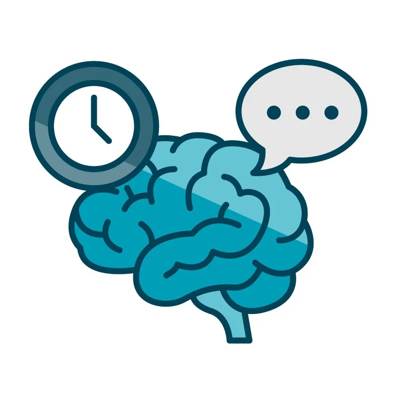 Brain with a clock and speech bubble