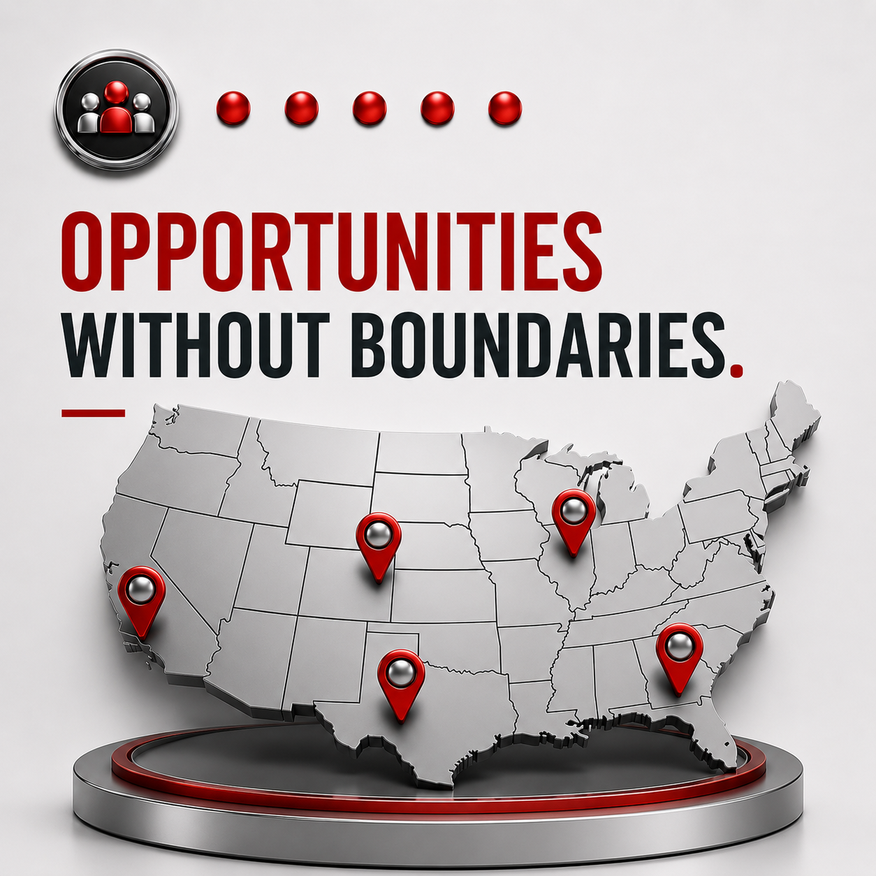 3D map of the United States with location pins and the phrase "Opportunities Without Boundaries" in bold red and black text.