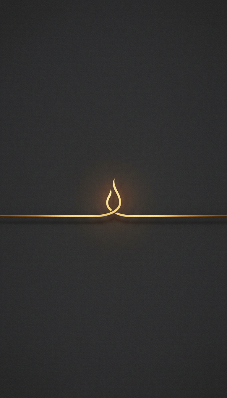 Minimalist gold line art of a flame shape on a dark background.