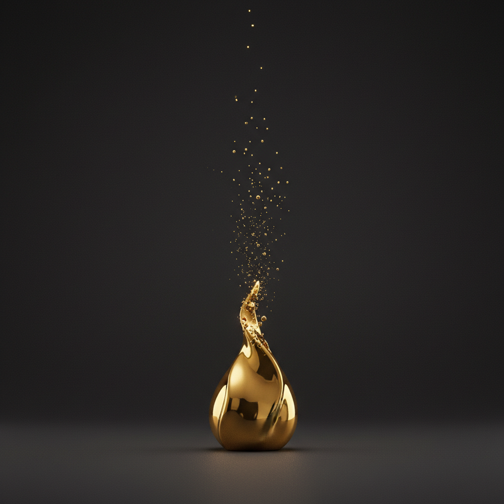 A shiny gold sculpture with a teardrop shape and a small opening at the top, from which a stream of tiny golden particles is rising upwards against a black background.
