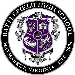 Seal of Battlefield High School in Haymarket, Virginia, featuring a purple shield with various symbols and the motto 'Knowledge, Honor, Integrity'.