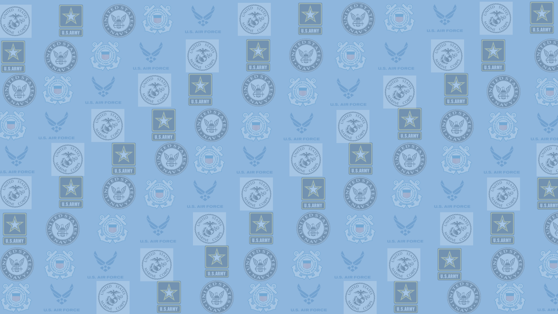 Pattern of various United States military service branch logos on a light blue background, including U.S. Army, Navy, Marine Corps, Air Force, and Coast Guard.