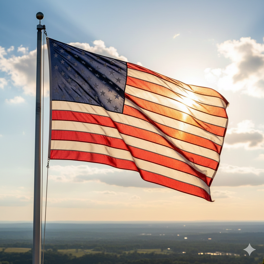 American flag waving in the breeze with the sun shining through, set against a partly cloudy sky and a distant landscape.