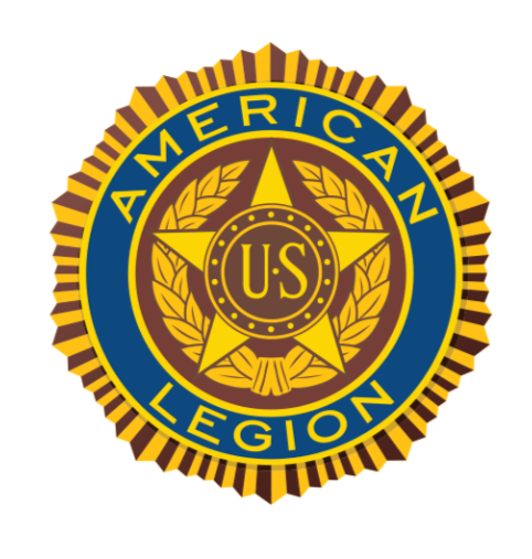 Emblem of the American Legion featuring a gold star with 'U.S.' in the center, surrounded by a blue circle with yellow text 'American Legion' and a dark gold laurel wreath.