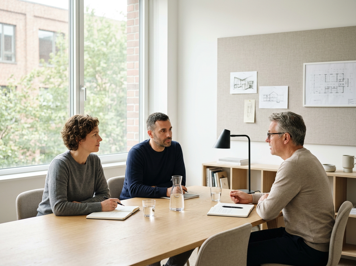 Three people in a meeting room having a discussion, with notebooks, glasses of water, and architectural blueprints on the wall.