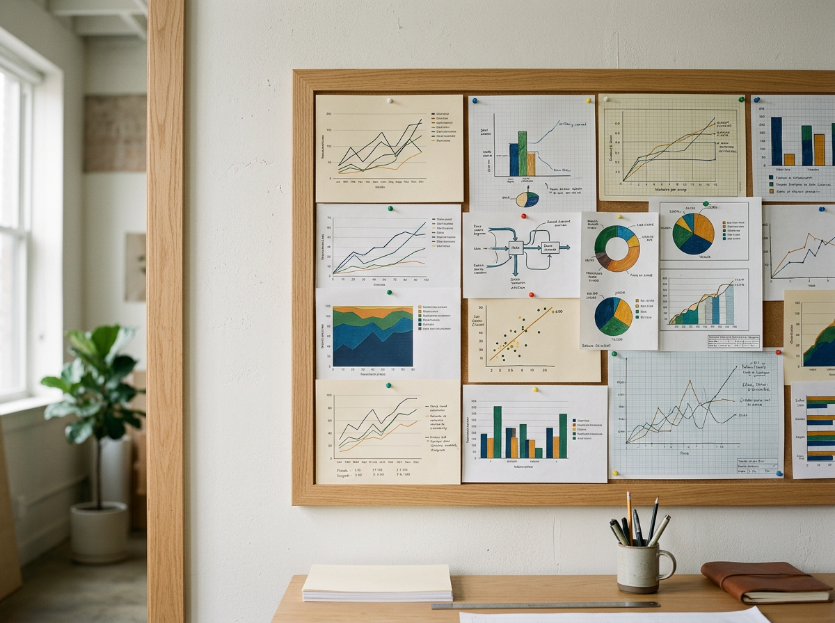 A wall-mounted corkboard displaying multiple graphs and charts related to data analysis, with writing utensils and notebooks on a desk below.