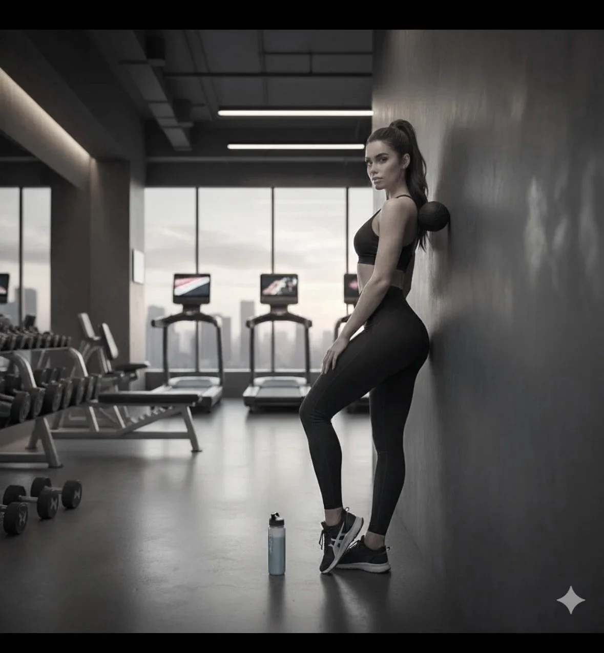 A woman in black workout attire leaning against a wall in a gym with treadmills and dumbbells, with a water bottle on the floor nearby.