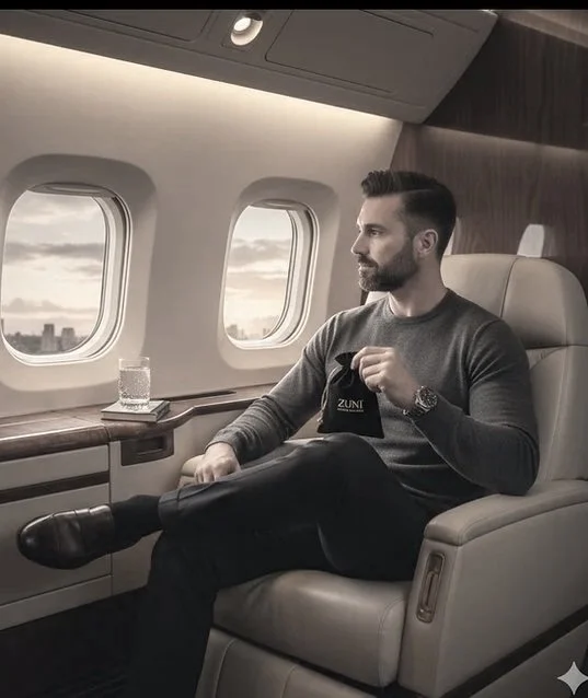Man sitting in an airplane seat holding a Zuni branded bag, with a glass of beverage on the window ledge and cityscape visible outside the windows.