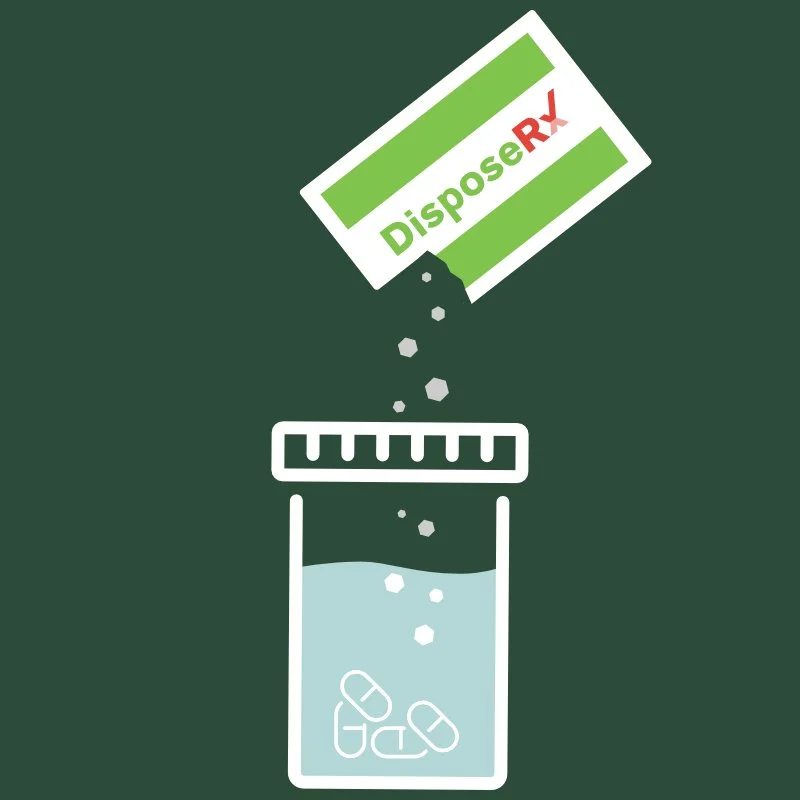 Second step in DisposeRx in-home drug disposal: tear open the DisposeRx packet and pour the powder into the medication vial.