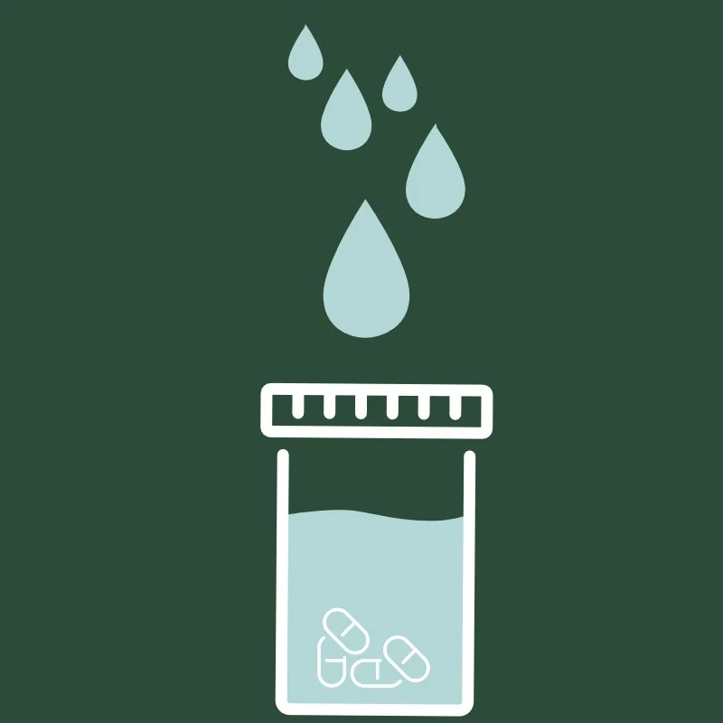 First step in DisposeRx in-home drug disposal: add water to the medication vial until it’s two-thirds full.