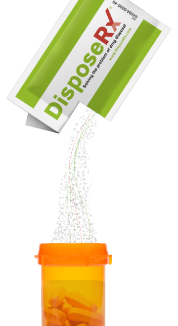 DisposeRx in-home medication disposal method showing that a single packet per vial safely neutralizes unused prescriptions into a gel for secure household trash disposal.