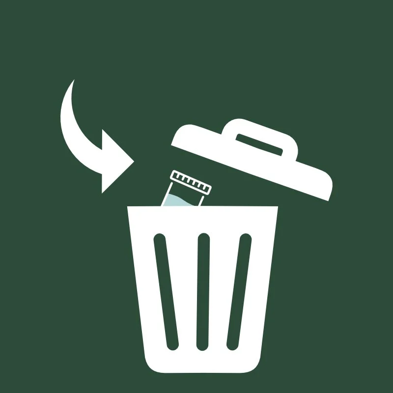 Fourth step in DisposeRx in-home drug disposal: place the sealed medication vial into your household trash for safe disposal.