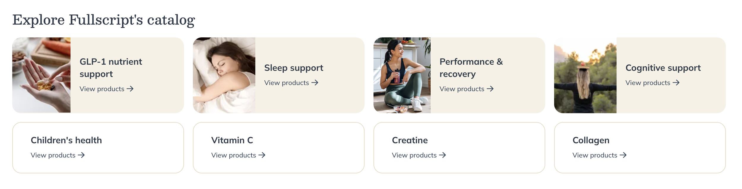 Screenshot of a webpage featuring different categories of health and wellness products, including GLP-1 nutrient support, sleep support, performance and recovery, cognitive support, children's health, vitamin C, creatine, and collagen.