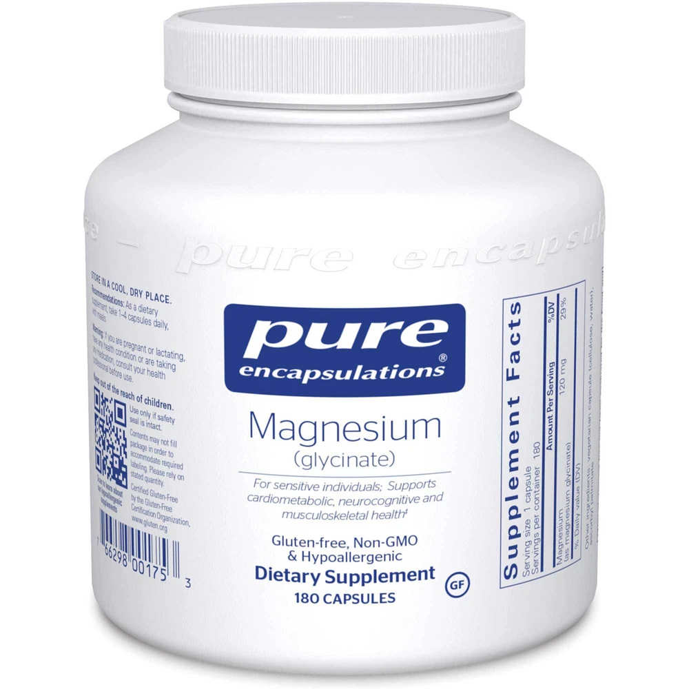 White bottle of Pure Encapsulations Magnesium (glycinate) dietary supplement with a white lid