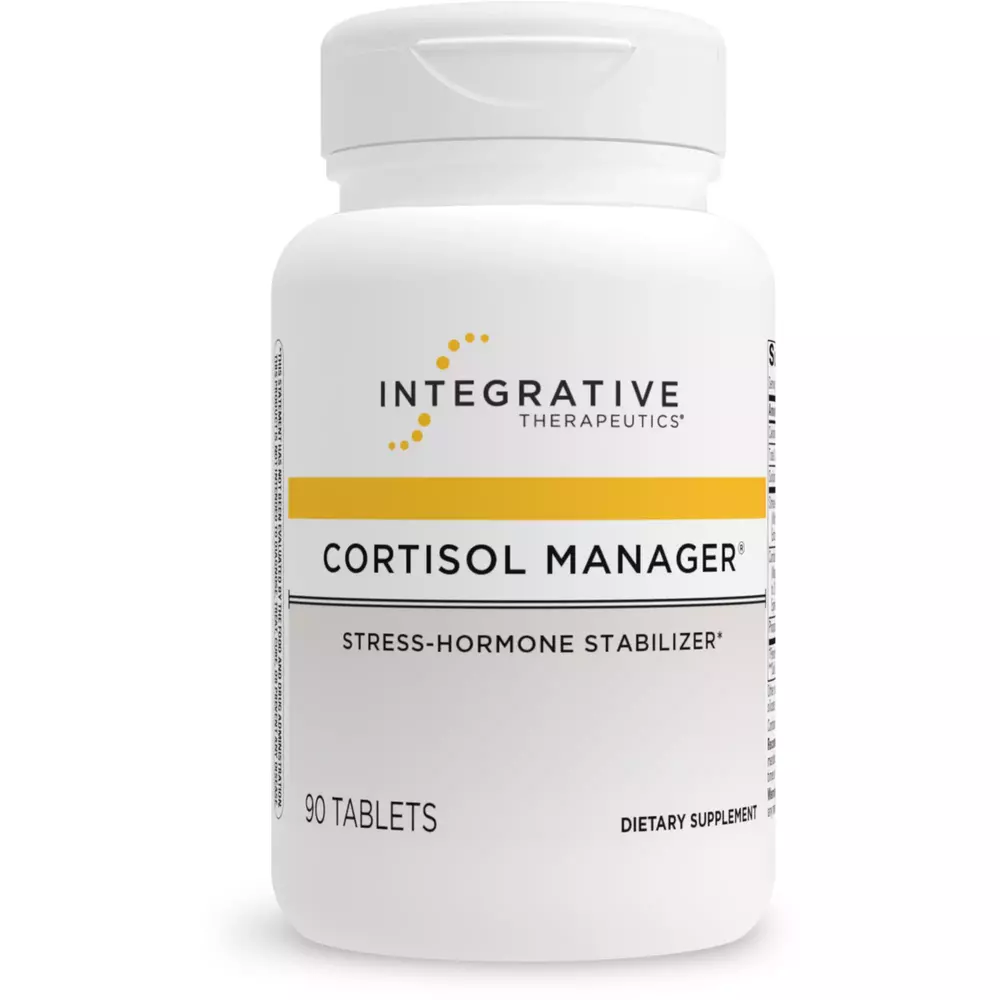A white bottle of integrative therapeutics cortisol manager dietary supplement with a yellow stripe, containing 90 tablets.