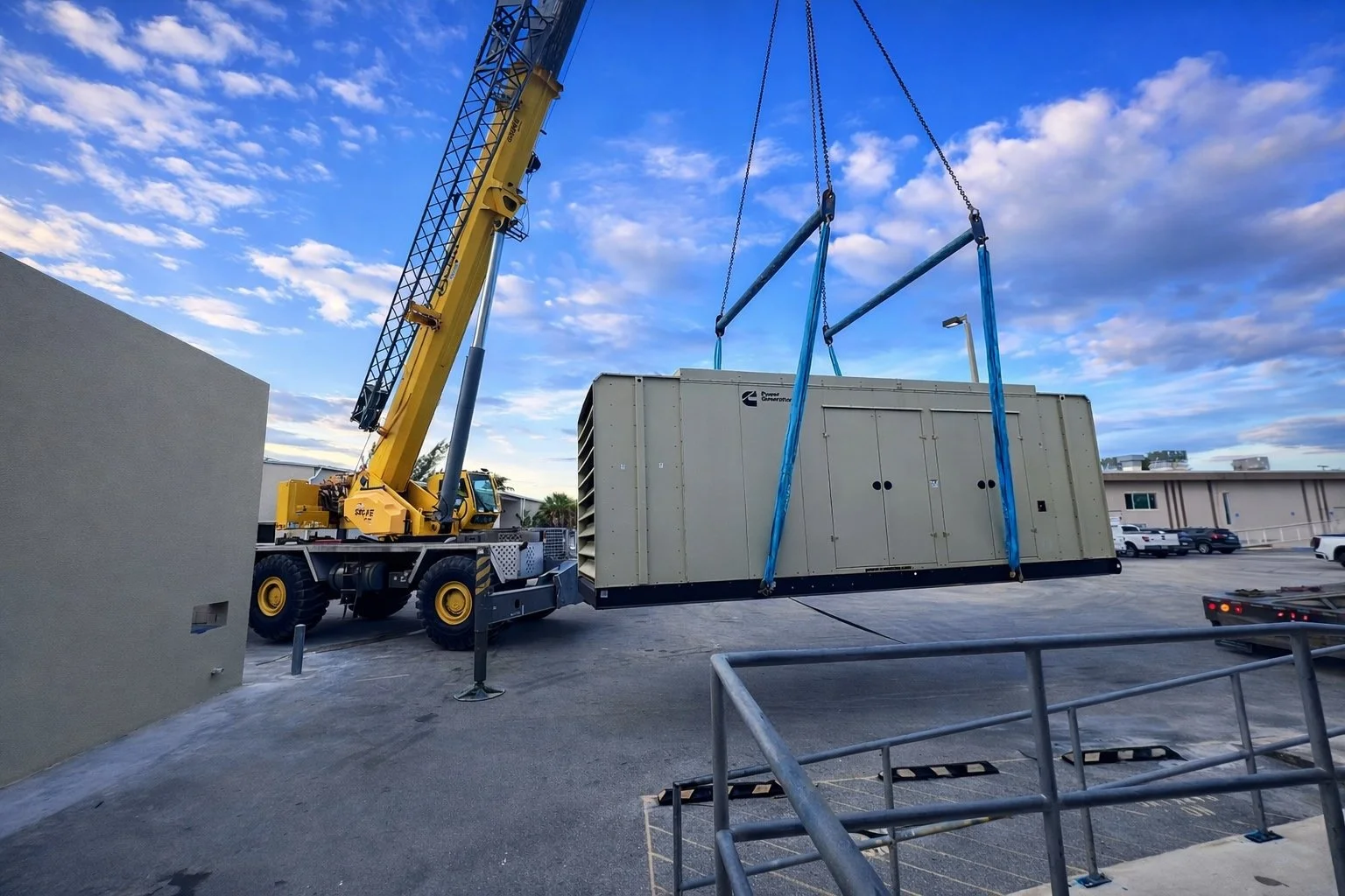 A large yellow crane lifting a sizable HVAC unit in an outdoor parking lot with a clear blue sky and a few clouds.