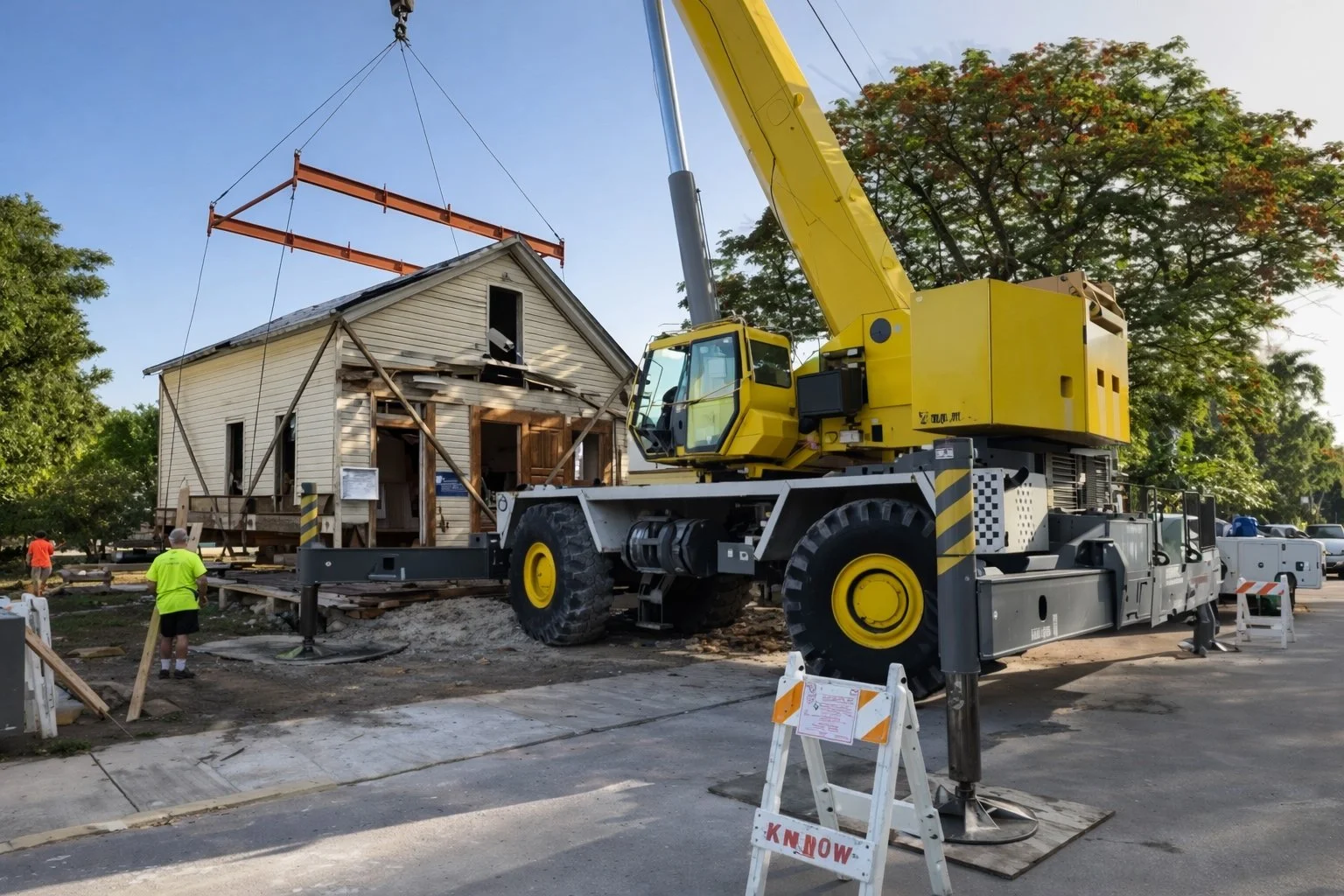 A yellow crane lifting a house frame during demolition, with workers nearby and a large tree in the background.